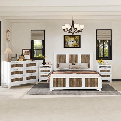4 Pieces Bedroom Furniture Sets Farmhouse Queen Size Bed Frame with Storage Dresser & Nightstand, Wood Platform Bed Frames with Metal Handle for Living Room, Home, Guest Room, Apartment