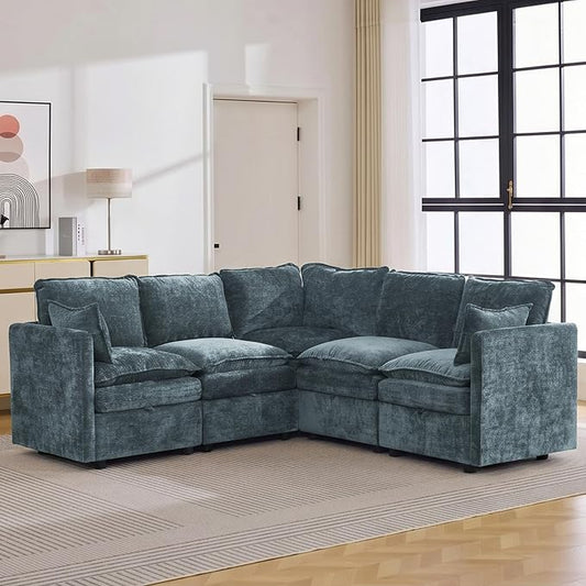 80" Blue Modular Storage Sofa, V Shaped Chenille Cloud Couch with Armrest | Oversized Convertible Sectional Sofa, 5-Seat Sectional Couch With Armrests, Large Cloud Couch For Living Room, Apartment.