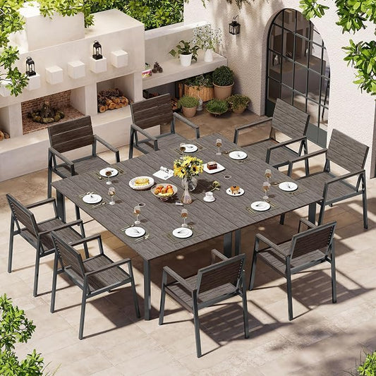 Outdoor Dining Set for 8, Patio Table and Chairs Set with Umbrella Hole, 10 Pieces HDPS + Aluminum Outdoor Furniture Sets for Patio, Garden (Charcoal)