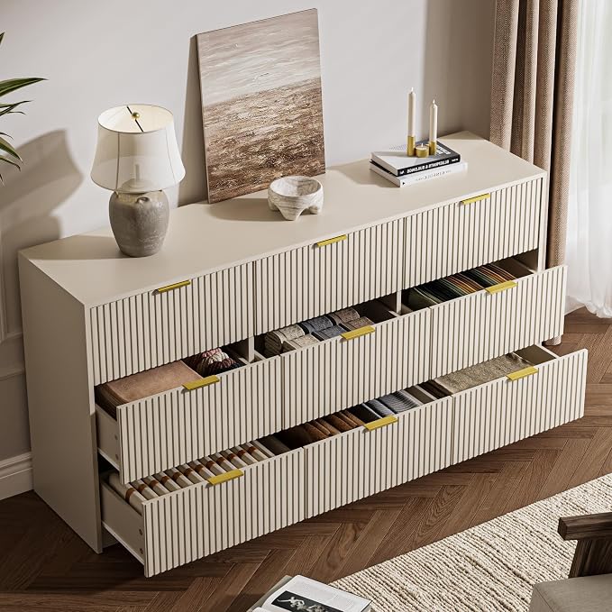MAISONARIA 3-Piece Dresser Bedroom Set, 9 Drawer Dresser & 2 Drawer Nightstands with Gold Handles, Fluted Wood Chest of Drawers for Bedroom, Living Room, Entryway, Beige