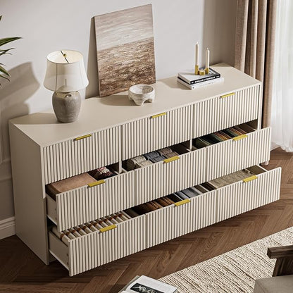 MAISONARIA 3-Piece Dresser Bedroom Set, 9 Drawer Dresser & 2 Drawer Nightstands with Gold Handles, Fluted Wood Chest of Drawers for Bedroom, Living Room, Entryway, Beige