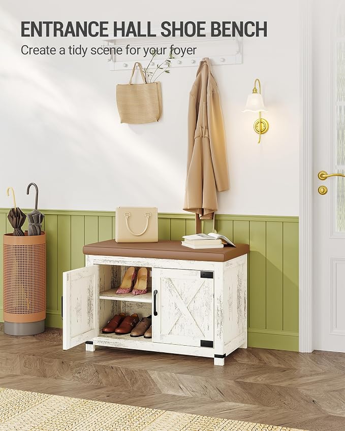 Hzuaneri Shoe Storage Bench, 2 Tier Shoe Bench with Padded Seat Cushion & 2 Barn Doors, Entryway Bench with Adjustable Shelf, Farmhouse Shoe Cabinet for Living Room, Bedroom, Antique White SB26214KA