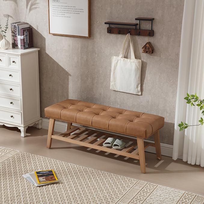 Kmax Entryway Bench with Shoe Storage, Leather Upholstered Wood Storage Bench for Living Room Window Bench for Bedroom End of Bed - PU, Brown