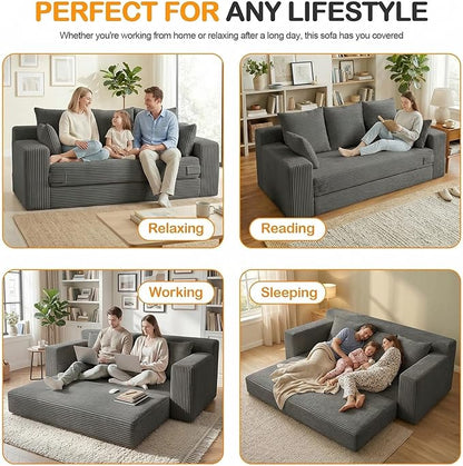 Oversize Loveseat Boneless Convertible Sofa Bed, Folding Floor Futon Sleeper Sofa Queen Size Couch Bed- Boneless Foldable Couch, Corduroy Pull Out Sofa Bed with 5 Pillows for Living Room & Bedroom