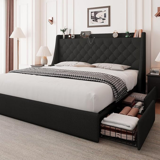 Feonase Upholstered King Size Bed Frame with 4 Storage Drawers, Large Wingback Headboard, No Box Spring Needed, Black