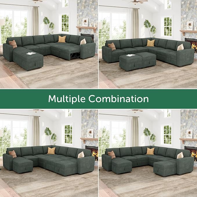 HONBAY Modular Sectional Sleeper Sofa with Pull Out Couch, Corduroy Oversized Sectional Couches Pull Out Bed with U Shaped Sleeper Storage for Living Room - Green