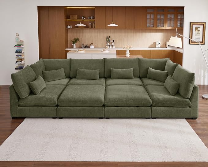 154" Oversized Chenille Couch Modular Sectional Sofa, Washable Cloud Couch Sectional with 4 Ottoman, 8 Seater Sectional Couches for Living Room, Fully Cover Removable, Sleeper Sofa, Chenille, Green