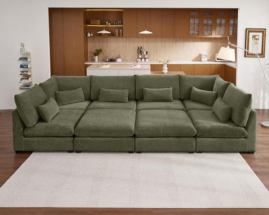 154" Oversized Chenille Couch Modular Sectional Sofa, Washable Cloud Couch Sectional with 4 Ottoman, 8 Seater Sectional Couches for Living Room, Fully Cover Removable, Sleeper Sofa, Chenille, Green
