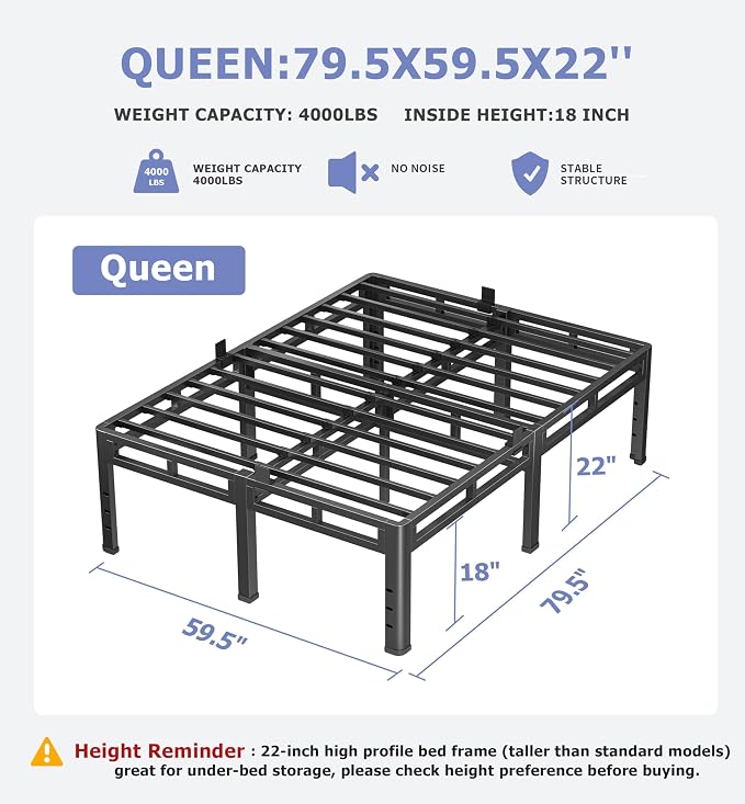 NKZ 22 Inch Queen Size Bed Frame, Metal Bed Frame & Box Spring 2 in 1 Platform with Round Corner Legs, 4000Lbs Heavy Duty Metal Frame, Mattress Slide Stopper, Headboard Hole, Noise-Free, Easy Assembly