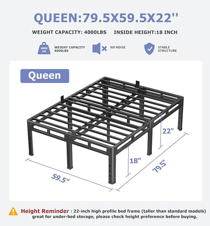 NKZ 22 Inch Queen Size Bed Frame, Metal Bed Frame & Box Spring 2 in 1 Platform with Round Corner Legs, 4000Lbs Heavy Duty Metal Frame, Mattress Slide Stopper, Headboard Hole, Noise-Free, Easy Assembly