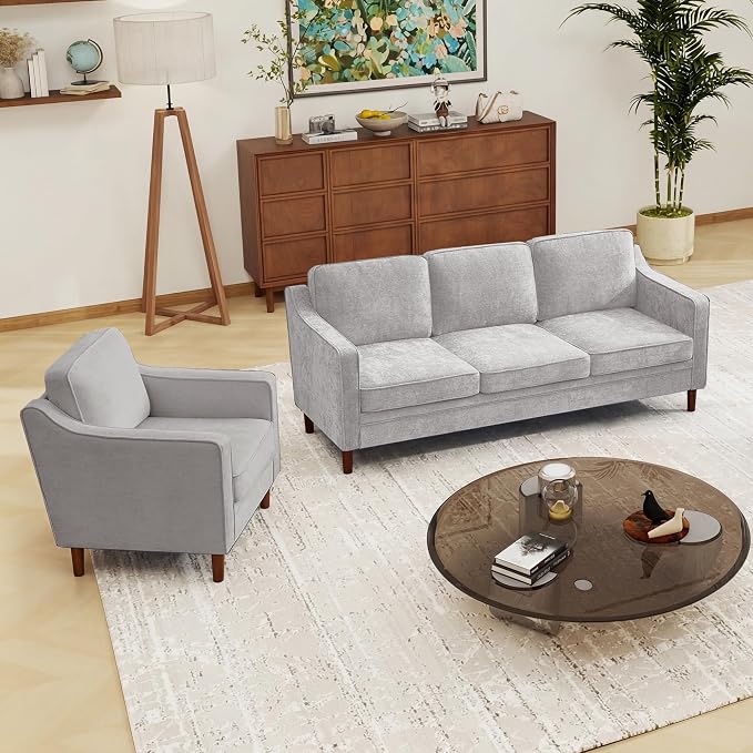 Kingfun Couch Sets for Living Room, 3 Seater Couch and Armchair, Mid Century Modern Sofa Set, Chenille Couch with Solid Wood Frame for Bedroom