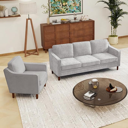 Kingfun Couch Sets for Living Room, 3 Seater Couch and Armchair, Mid Century Modern Sofa Set, Chenille Couch with Solid Wood Frame for Bedroom