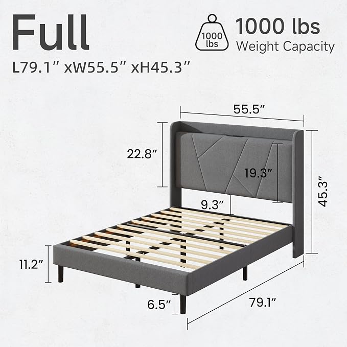 Full Size Linen Bed Frame, Storage Headboard with Charging Station, Upholstered Platform Bed with Wooden Slats Support, Solid and Stable, Noise Free, No Box Spring Needed, Easy Assembly, Gray