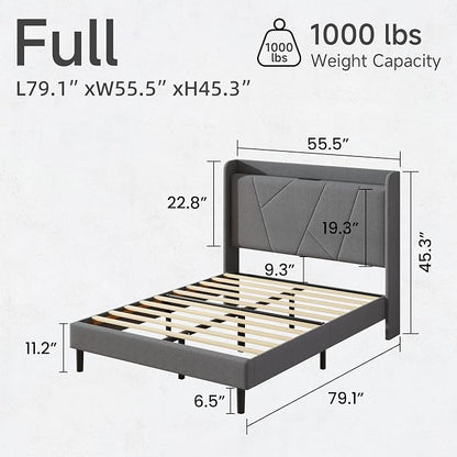 Full Size Linen Bed Frame, Storage Headboard with Charging Station, Upholstered Platform Bed with Wooden Slats Support, Solid and Stable, Noise Free, No Box Spring Needed, Easy Assembly, Gray