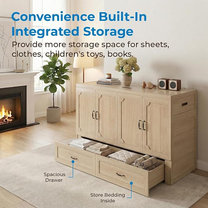 Mjkone Queen Murphy Bed, Murphy Cabinet Bed with USB Charging Station & Tri-Fold Memory Foam Mattress, Hidden Cube Cabinet Beds with Large Storage Drawer for Guest Room Home Office, Natural Wood