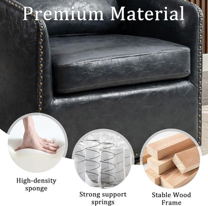 HAOMARKETS 360 Degree Swivel Accent Chair Set of Two with Plump Back Pillow, Waterproof Oil Waxed PU Leather Swivel Armchair with Rivets, Comfy Vintage Round Barrel Chair for Living Room