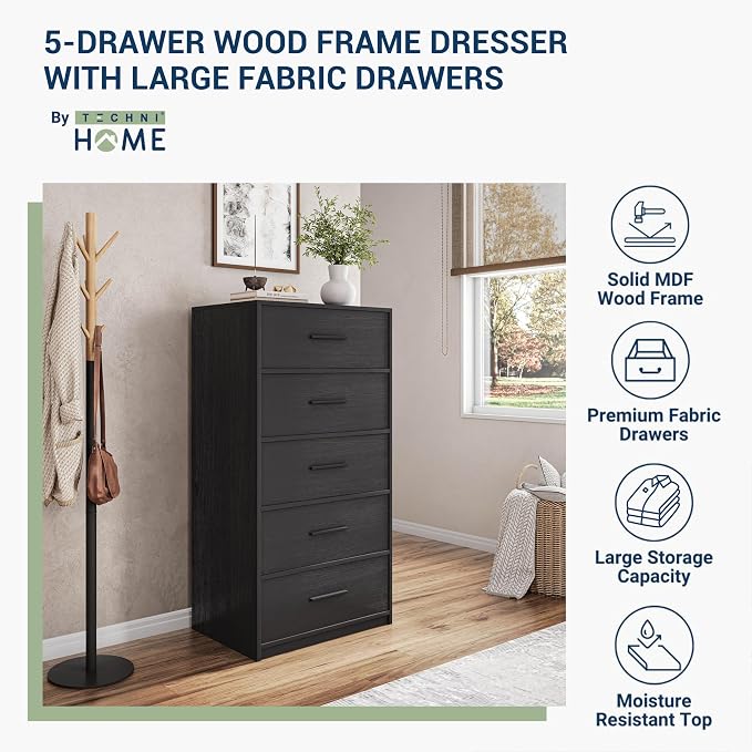 5-Drawer Dresser with Extra Large Fabric Drawers, Wood Frame Dresser with 5 Drawers for Bedroom or Living Room Storage, Hallway, Fabric Bins for Closet or Hallway Storage Organizer, Toy Chest, Black | 5-drawer dresser, fabric storage drawers, sturdy wo...