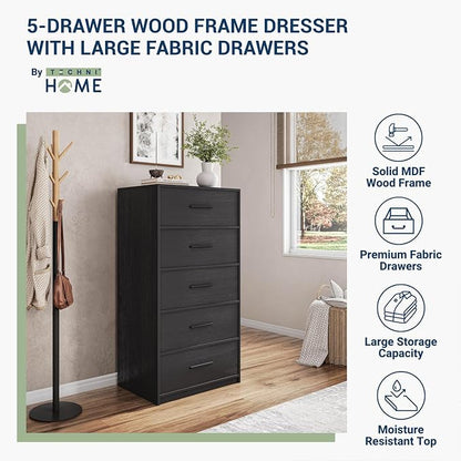 5-Drawer Dresser with Extra Large Fabric Drawers, Wood Frame Dresser with 5 Drawers for Bedroom or Living Room Storage, Hallway, Fabric Bins for Closet or Hallway Storage Organizer, Toy Chest, Black | 5-drawer dresser, fabric storage drawers, sturdy wo...