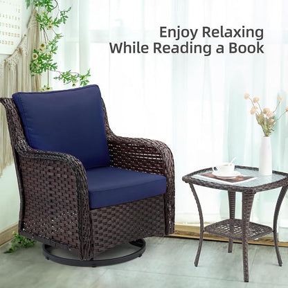 Towallmark Outdoor Swivel Wicker Glider Patio Chairs with Table Set, 3 Pieces Outdoor Bistro Set with 4”Thick Cushions and Coffee Table for Porch, Balcony, Deck (Blue)