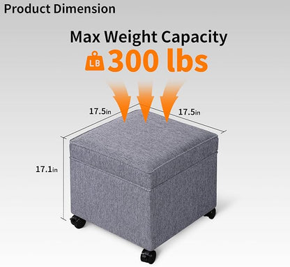 Adeco 17.5 Inch Square Storage Ottoman with Wheels, Modern Linen Upholstered Footrest Stool & Coffee Table with Flip Top Lid, Rolling Footstool for Living Room & Bedroom, Grey