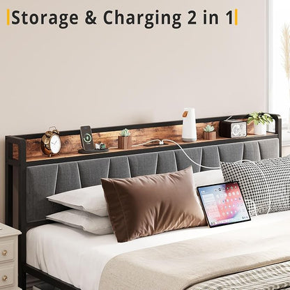 LIKIMIO Queen Size Bed Frame with 2 Drawers and Charging Station | Platform Bed with Upholstered Storage Headboard, No Box Spring Needed, Easy Assembly, Sturdy, Vintage Brown and Gray
