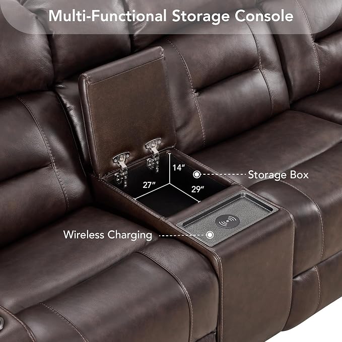 Watson & Whitely Genuine Leather Power Recliner Sofa, Lay Flat Reclining Sofa with Storage Console, Power Headrest & Cup Holders, 3 Seater Electric Reclining Couch for Living Room, Dark Brown