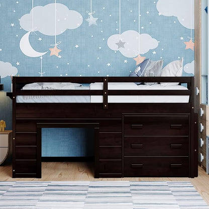 Bellemave Twin Size Low loft Bed for Kids,Wood Modern Farmhouse Twin Loft Bed with and Drawer Storage, No Box Spring Needed, Espresso