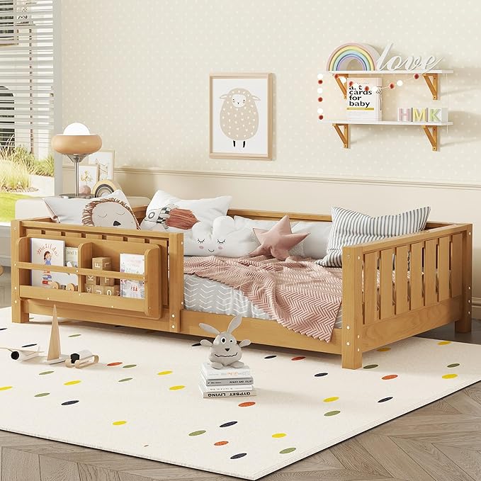 Bellemave Twin Floor Bed with Rails and Slats, Twin Size Montessori Floor Bed with Bookshelf and Fence, Easy Assemble Montessori Beds Frame for Girls, Boys, Deep Natural