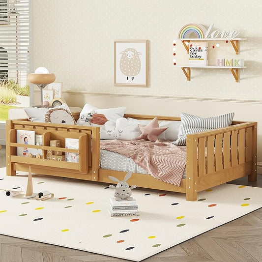 Bellemave Twin Floor Bed with Rails and Slats, Twin Size Montessori Floor Bed with Bookshelf and Fence, Easy Assemble Montessori Beds Frame for Girls, Boys, Deep Natural