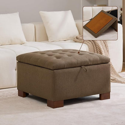 WUTUTUEE 30" Fabric Square Storage Ottoman with Wooden Tray, Modern Tufted Button Footstool Coffee Table, Upholstered Large Ottoman for Living Room, Bedroom, Brown