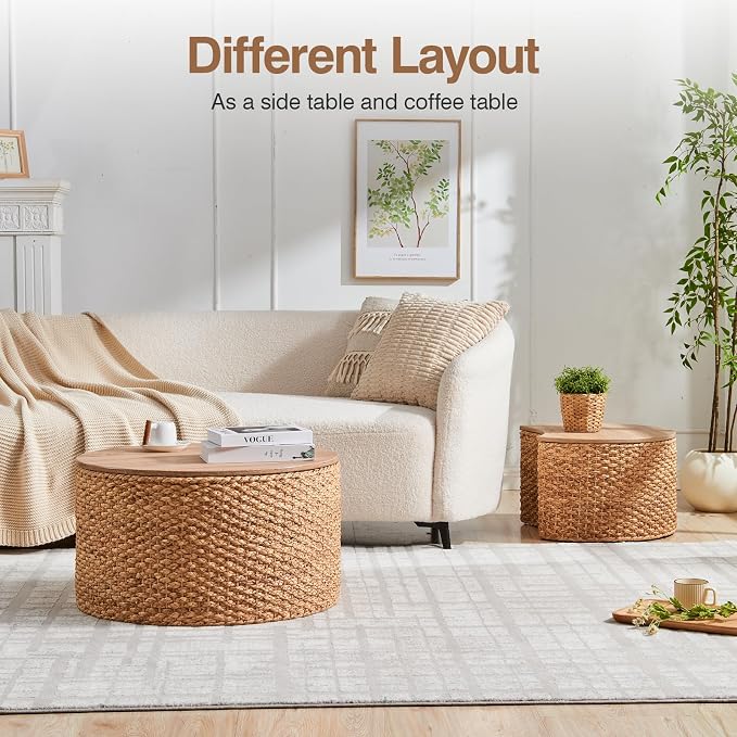Round Nesting Coffee Table Set of 2 with Storage - Handwoven Wicker Rattan Ottoman Style, Boho Coastal Coffee Tables for Living Room, Rattan Coffee Table with Cover & Soild Wood Frame