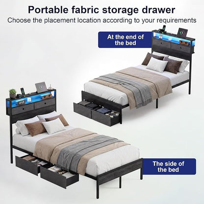 Twin Bed Frames with LED Lights and Charging Station, Platform Bed with Metal Slats, Wood Headboard with 2 Fabric Drawers and Storage Shelves, No Box Spring Needed