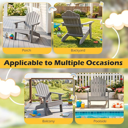 Costzon Kids Adirondack Chair, All-Weather HIPS Toddler Outdoor Chair, Wooden Textured Plastic Fire Pit Chair, Kids Patio Chair for Backyard Lawn Garden, Fits Children Age 3-7 Years (4, Gray)