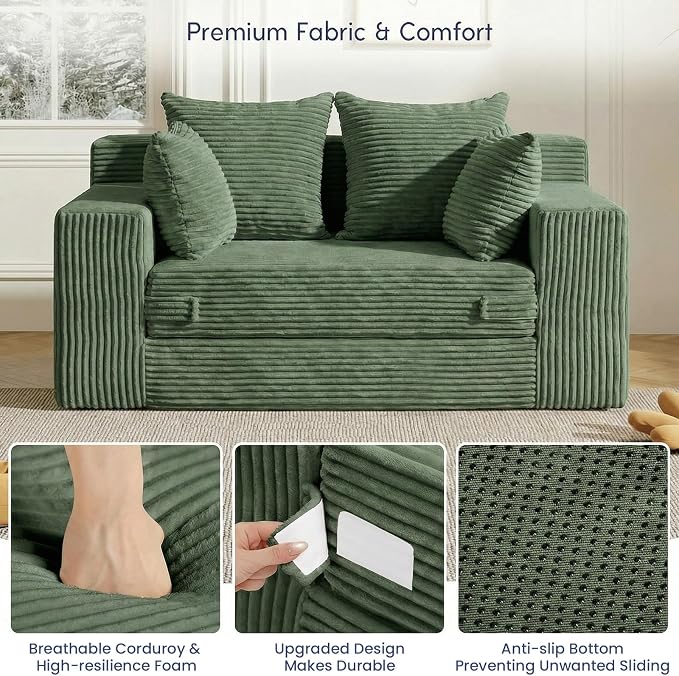 cidludto Convertible Sofa Bed, Boneless Couch 2 in 1 Loveseat Folding Couch Bed Foldable, Chair Bed & Futon Sofa Bed, Small Corduroy Pull Out Sofa with 4 Pillows for Living Room, Green