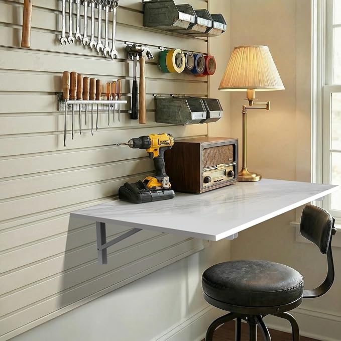 GOYLSER Wall Mounted Desk Folding Table Laundry Fold Table, White Marble Fold Down Work Bench, Foldable Mount Station for Floating Bar, Office, Dining Room, Kitchen, 35" x 20.5"