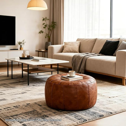 Thgonwid Unstuffed Moroccan Storage Pouf Foot Stool Ottoman Seat Handmade Faux Leather Bean Bag Floor Chair Foot Rest for Living Room, Bedroom or Balcony (Light Brown)