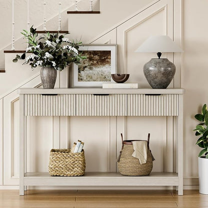 Lulive Fluted Console Table, 51 Inch Entryway Table with 3 Drawers | Scandi farmhouse look with quiet full-extension slides, open lower shelf, profile for hallway, entry, foyer or behind sofa.