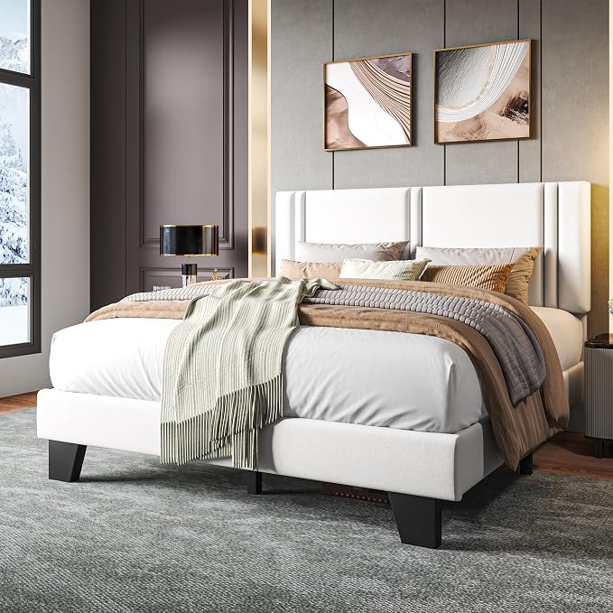 Einhomn Upholstered Queen Size Bed Frame with Velvet Fabric Headboard, Strong Wooden Slats Support, Noise Free, No Box Spring Needed, White