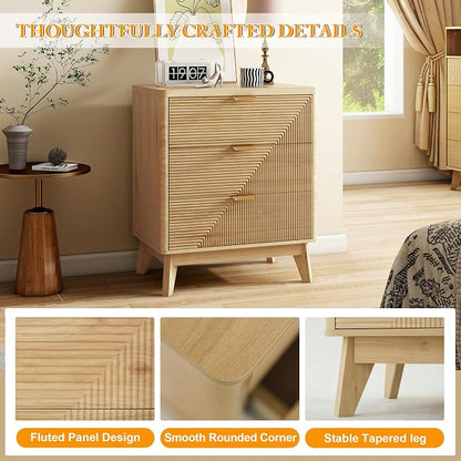 LYNCOHOME 3 Drawer Fluted Nightstand, Modern Wood Night Stand with Curved Profile, Fluted Tall Nightstand with Drawers, Light Oak