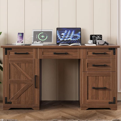 LUMISOL 55” Farmhouse Executive Desk with Charging Station and Power Outlet, Computer Desk with 5 Drawers and Cabinet, Rustic Wood Writing Study Table with File Drawer, Walnut