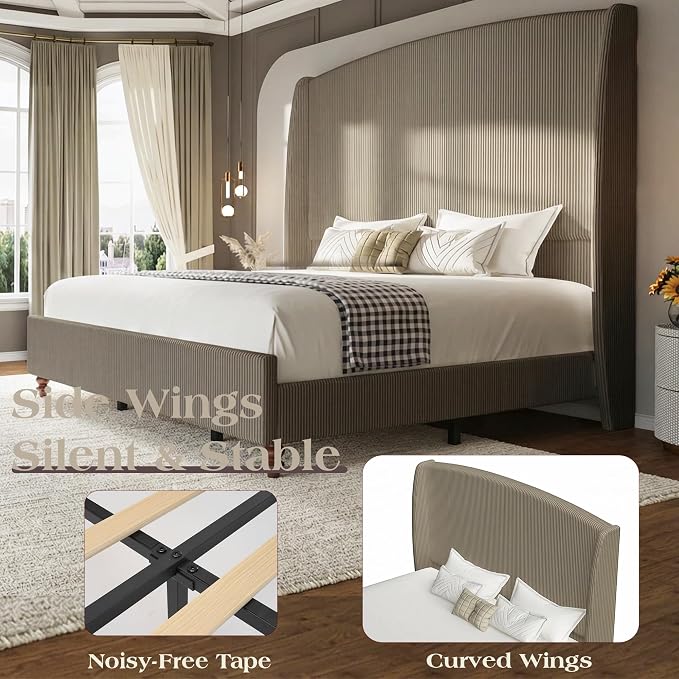 Queen Size Upholstered Bed Frame with 65.7" Tall Headboard Wingback, Soft Washable Corduroy Beds Cover, Solid Wood Legs, Noise-Free, No Box Spring Needed, Light Gray