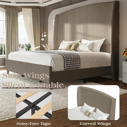 Queen Size Upholstered Bed Frame with 65.7" Tall Headboard Wingback, Soft Washable Corduroy Beds Cover, Solid Wood Legs, Noise-Free, No Box Spring Needed, Light Gray