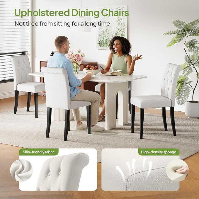 Welzona Upholstered Dining Chairs Set of 4, Button Tufted Parsons Dining Chair with Solid Wood Legs, Modern Fabric Side Chair for Hotel/Dining Room/Kitchen/Restaurant- White