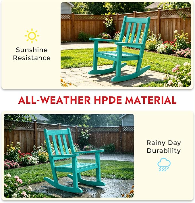 Costaelm Paradise Kids Outdoor Preschool HDPE Plastic Rocking Chair (Set of 2), Turquoise