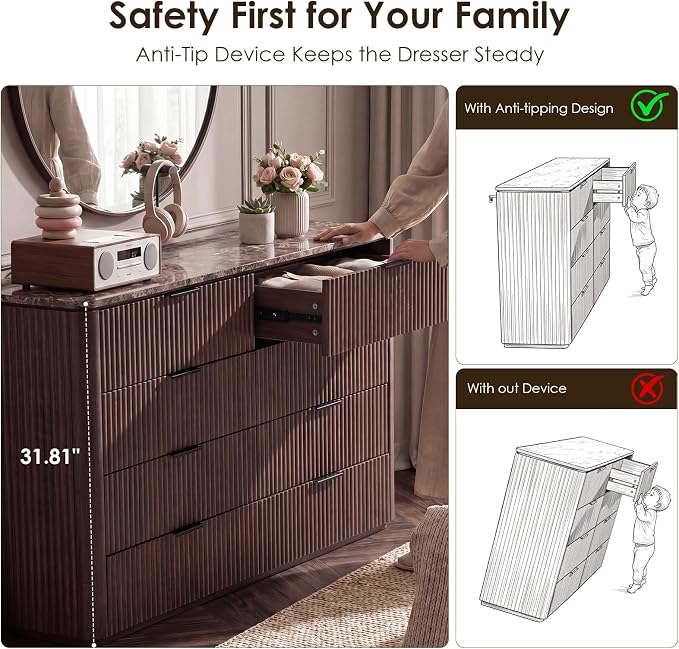 Dresser for Bedroom with 8 Drawers, 54"W Chest of Drawers, Fluted Dresser with Faux Marble Top, Curved Profile Design, Metal Handle, Wood Closet Storage Organizer for Living Room, Hallway, Dark Oak