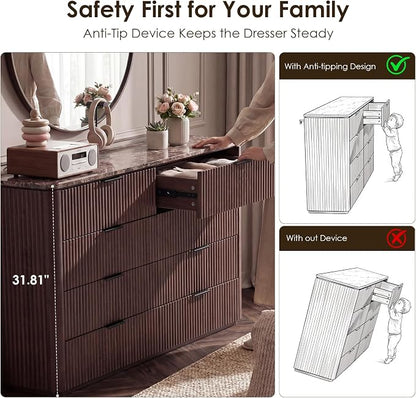 Dresser for Bedroom with 8 Drawers, 54"W Chest of Drawers, Fluted Dresser with Faux Marble Top, Curved Profile Design, Metal Handle, Wood Closet Storage Organizer for Living Room, Hallway, Dark Oak