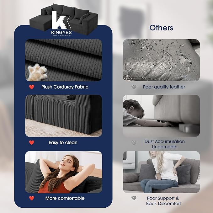 KINGYES 107'' Modular Sectional Sofa, L Shaped Cloud Couch for Living Room, Modern Boneless Sofa with Chaise for Bedroom, Gray