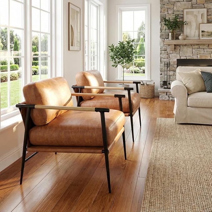 DUOMAY Mid-Century Modern Accent Chair Armchair Brown PU Leather Sofa Lounge Bedroom Chair with Metal Leg for Living Room Reading Office