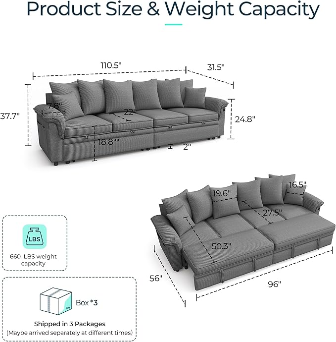 LINSY HOME Oversized Sectional Sleeper Sofa with Pull Out Couch Bed (Gray, 110.5'') | USB Charging
