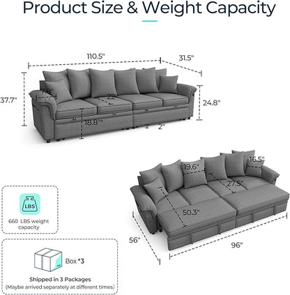 LINSY HOME Oversized Sectional Sleeper Sofa with Pull Out Couch Bed (Gray, 110.5'') | USB Charging